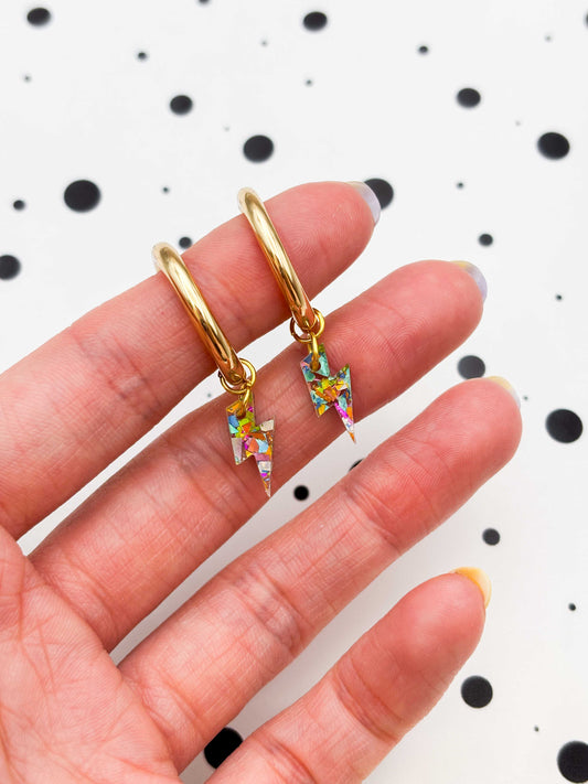 Mini Rainbow Confetti Lightning Bolt Dangle Earrings or Necklace – Hypoallergenic Stainless Steel