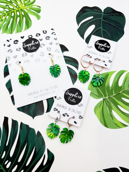 Medium Green Glitter Marble Acrylic Monstera Leaf Dangle Earrings or Necklace – Hypoallergenic Stainless Steel