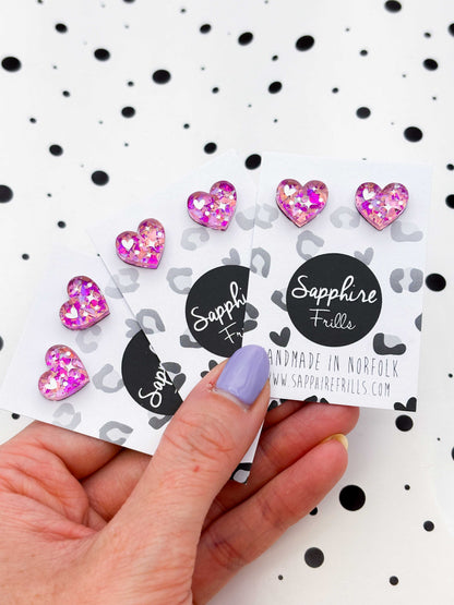 Small Pink and Rose Confetti Heart Studs – Hypoallergenic Stainless Steel