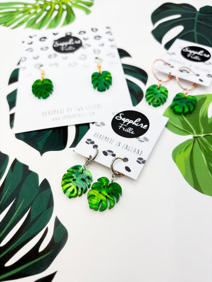 Medium Green Glitter Marble Acrylic Monstera Leaf Dangle Earrings or Necklace – Hypoallergenic Stainless Steel