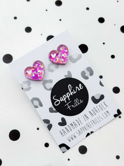 Small Pink and Rose Confetti Heart Studs – Hypoallergenic Stainless Steel