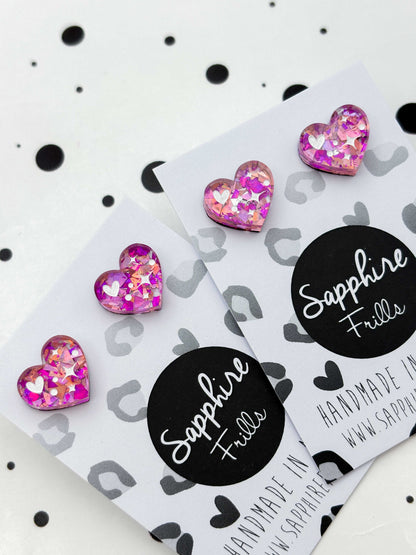 Small Pink and Rose Confetti Heart Studs – Hypoallergenic Stainless Steel