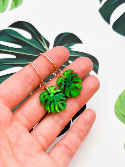 Medium Green Glitter Marble Acrylic Monstera Leaf Dangle Earrings or Necklace – Hypoallergenic Stainless Steel