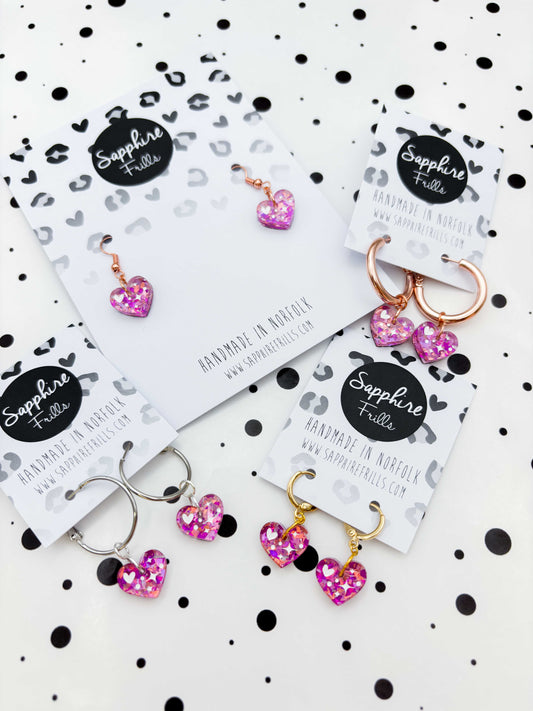 Small Pink and Rose Confetti Sparkle Heart Dangle Earrings or Necklace – Hypoallergenic Stainless Steel