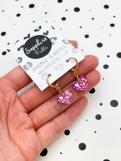 Small Pink and Rose Confetti Sparkle Heart Dangle Earrings or Necklace – Hypoallergenic Stainless Steel
