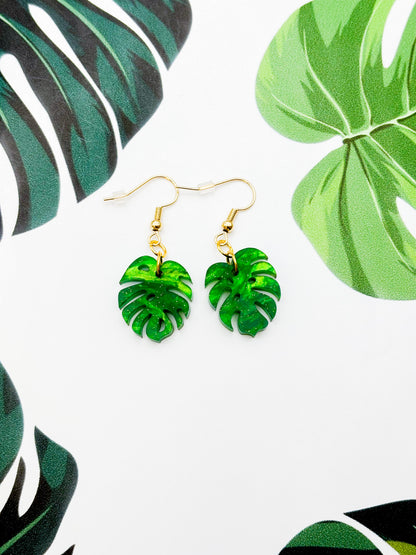 Medium Green Glitter Marble Acrylic Monstera Leaf Dangle Earrings or Necklace – Hypoallergenic Stainless Steel