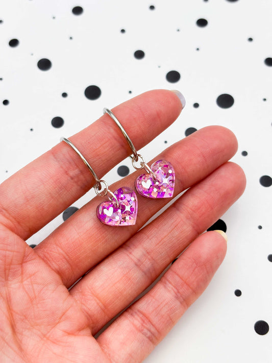 Small Pink and Rose Confetti Sparkle Heart Dangle Earrings or Necklace – Hypoallergenic Stainless Steel