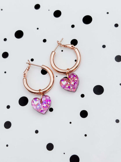 Small Pink and Rose Confetti Sparkle Heart Dangle Earrings or Necklace – Hypoallergenic Stainless Steel