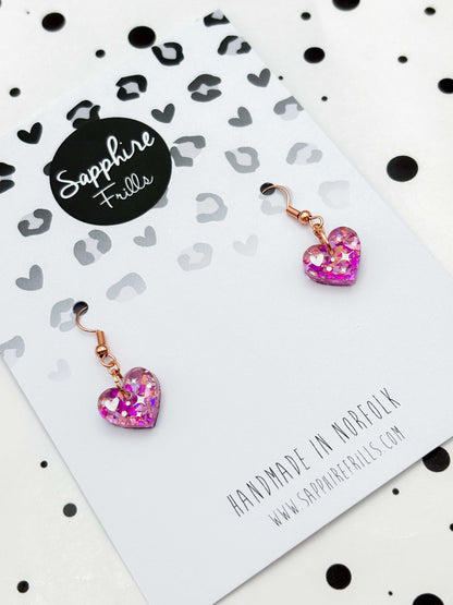 Small Pink and Rose Confetti Sparkle Heart Dangle Earrings or Necklace – Hypoallergenic Stainless Steel