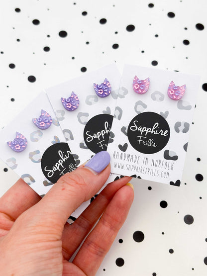 Mini Lilac and Pink Glitter Marble Leopard Print Cat Stud Earrings – Hypoallergenic Stainless Steel