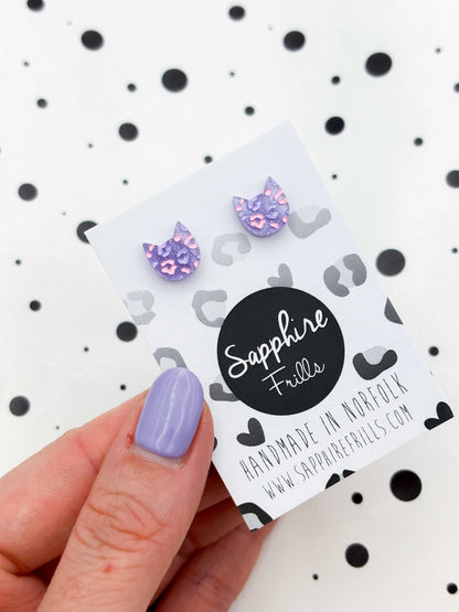 Mini Lilac and Pink Glitter Marble Leopard Print Cat Stud Earrings – Hypoallergenic Stainless Steel