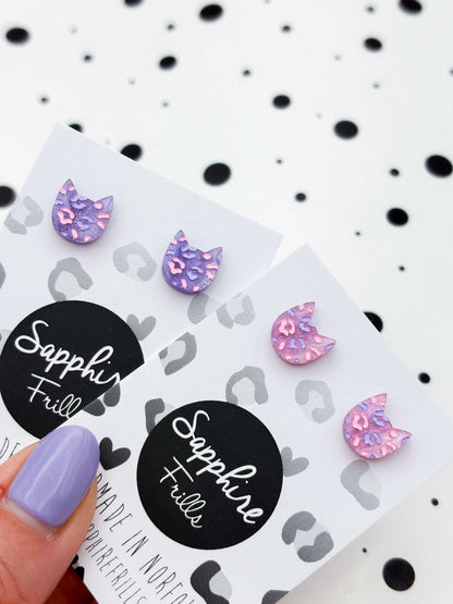 Mini Lilac and Pink Glitter Marble Leopard Print Cat Stud Earrings – Hypoallergenic Stainless Steel