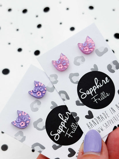 Mini Lilac and Pink Glitter Marble Leopard Print Cat Stud Earrings – Hypoallergenic Stainless Steel