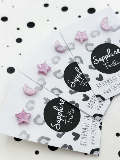 Mini Mismatch Palest Lilac/Pink Glitter Marble Star and Moon Stud Earrings – Hypoallergenic Stainless Steel