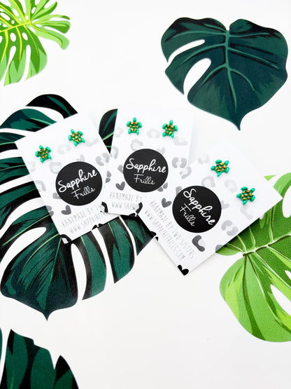 Mini Emerald and Metallic Tortoise Shell Turtle Stud Earrings – Hypoallergenic Stainless Steel
