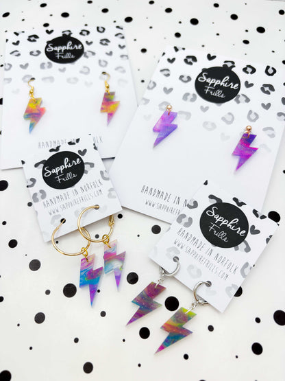 Medium Rainbow Glitter Marble Lightning Bolt Dangle Earrings or Necklace – Hypoallergenic Stainless Steel
