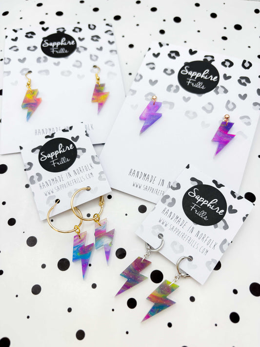 Medium Rainbow Glitter Marble Lightning Bolt Dangle Earrings or Necklace – Hypoallergenic Stainless Steel