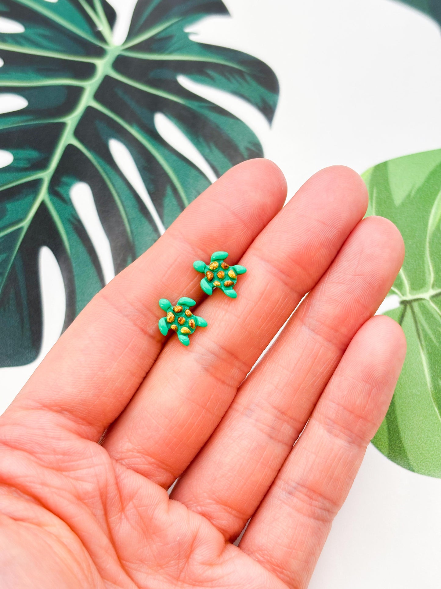 Mini Emerald and Metallic Tortoise Shell Turtle Stud Earrings