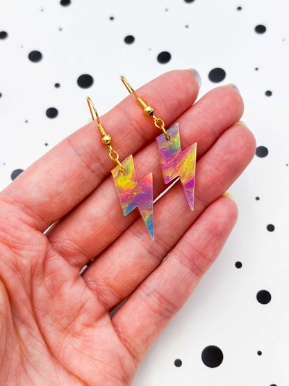 Medium Rainbow Glitter Marble Lightning Bolt Dangle Earrings or Necklace – Hypoallergenic Stainless Steel