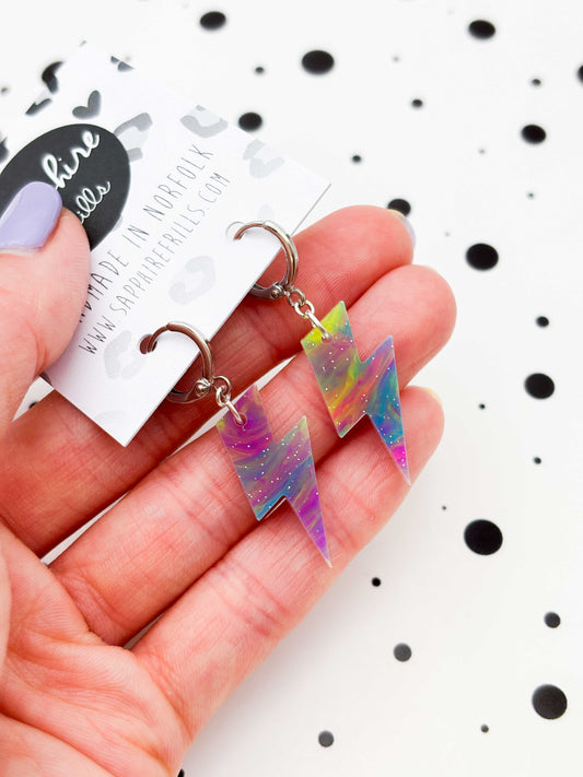 Medium Rainbow Glitter Marble Lightning Bolt Dangle Earrings or Necklace – Hypoallergenic Stainless Steel