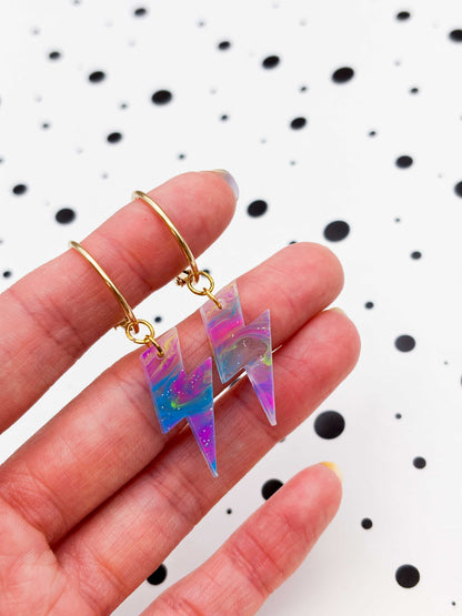 Medium Rainbow Glitter Marble Lightning Bolt Dangle Earrings or Necklace – Hypoallergenic Stainless Steel