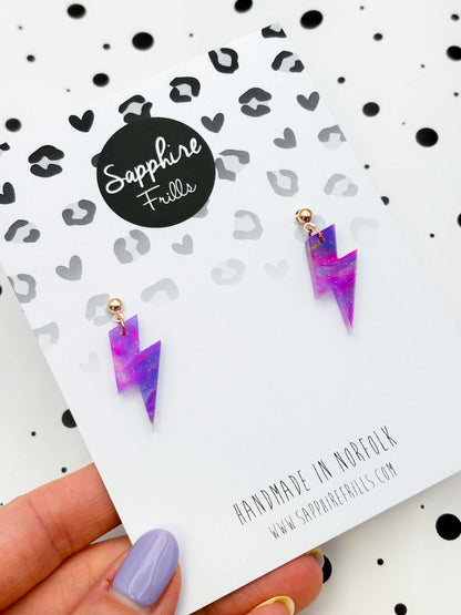Medium Rainbow Glitter Marble Lightning Bolt Dangle Earrings or Necklace – Hypoallergenic Stainless Steel