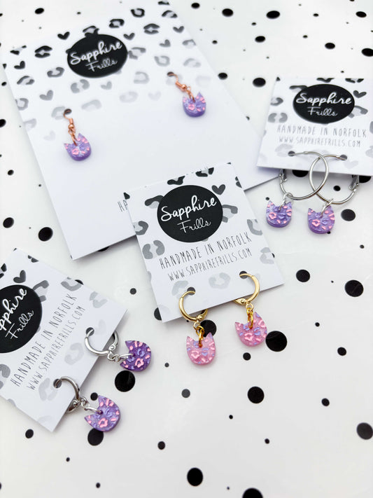 Mini Lilac and Pink Glitter Marble Cat Head Dangle Earrings or Necklace – Hypoallergenic Stainless Steel