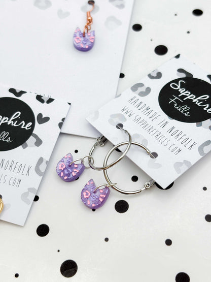 Mini Lilac and Pink Glitter Marble Cat Head Dangle Earrings or Necklace – Hypoallergenic Stainless Steel