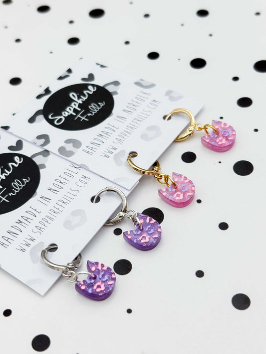 Mini Lilac and Pink Glitter Marble Cat Head Dangle Earrings or Necklace – Hypoallergenic Stainless Steel