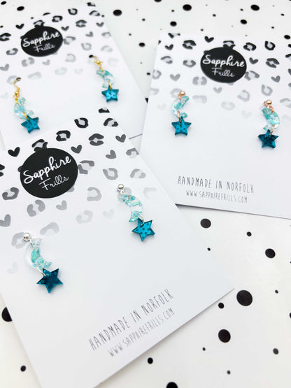 Medium Holographic Turquoise & Teal Chunky Crystal Acrylic Moon & Star Duo Dangle Earrings or Necklace – Hypoallergenic Stainless Steel
