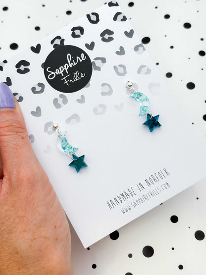 Medium Holographic Turquoise & Teal Chunky Crystal Acrylic Moon & Star Duo Dangle Earrings or Necklace – Hypoallergenic Stainless Steel