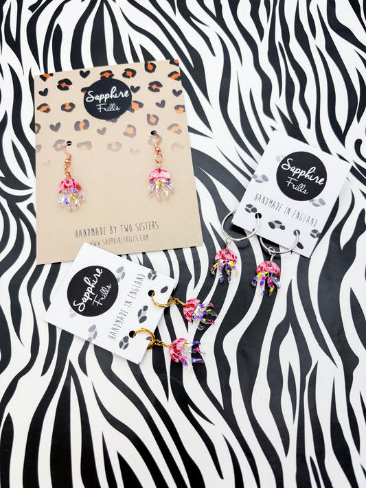 Small Hot Pink Marble and Confetti Jellyfish Acrylic Dangle Earrings or Necklace – Hypoallergenic Stainless Steel