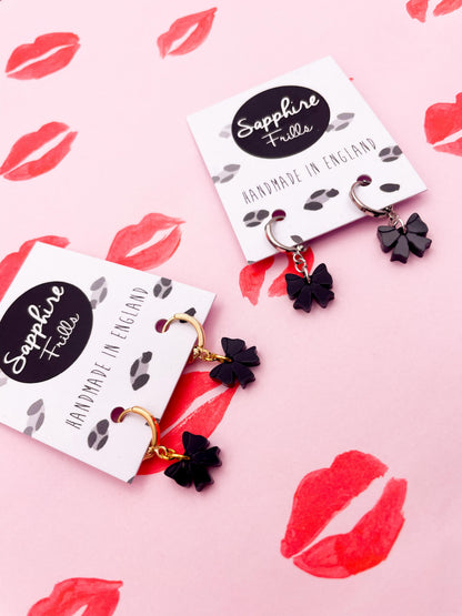 Mini Black Gloss Acrylic Bow Dangle Earrings or Necklace – Hypoallergenic Stainless Steel