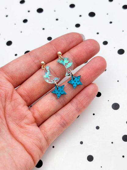 Medium Holographic Turquoise & Teal Chunky Crystal Acrylic Moon & Star Duo Dangle Earrings or Necklace – Hypoallergenic Stainless Steel