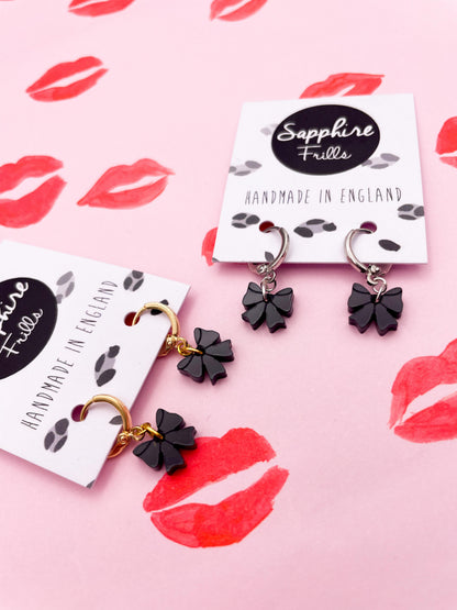 Mini Black Gloss Acrylic Bow Dangle Earrings or Necklace – Hypoallergenic Stainless Steel
