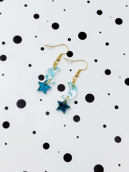 Medium Holographic Turquoise & Teal Chunky Crystal Acrylic Moon & Star Duo Dangle Earrings or Necklace – Hypoallergenic Stainless Steel