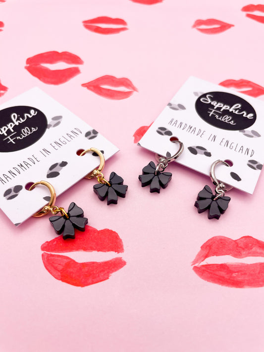 Mini Black Gloss Acrylic Bow Dangle Earrings or Necklace – Hypoallergenic Stainless Steel