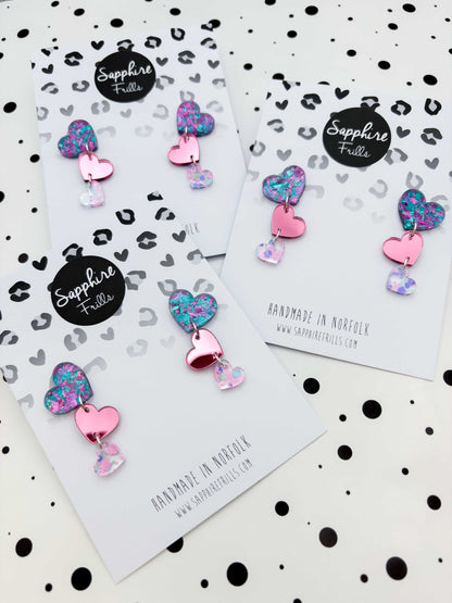 Lilac, Pink and Mint Trio Heart Dangle Earrings – Hypoallergenic Stainless Steel