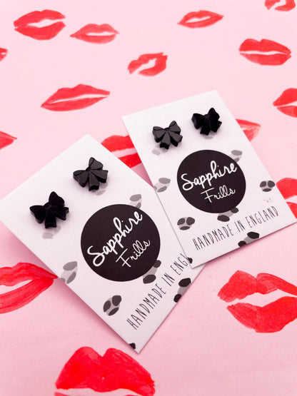 Mini Black Gloss Acrylic Bow Stud Earrings – Hypoallergenic Stainless Steel