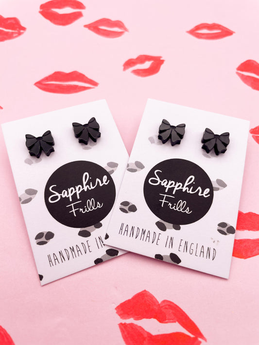 Mini Black Gloss Acrylic Bow Stud Earrings – Hypoallergenic Stainless Steel