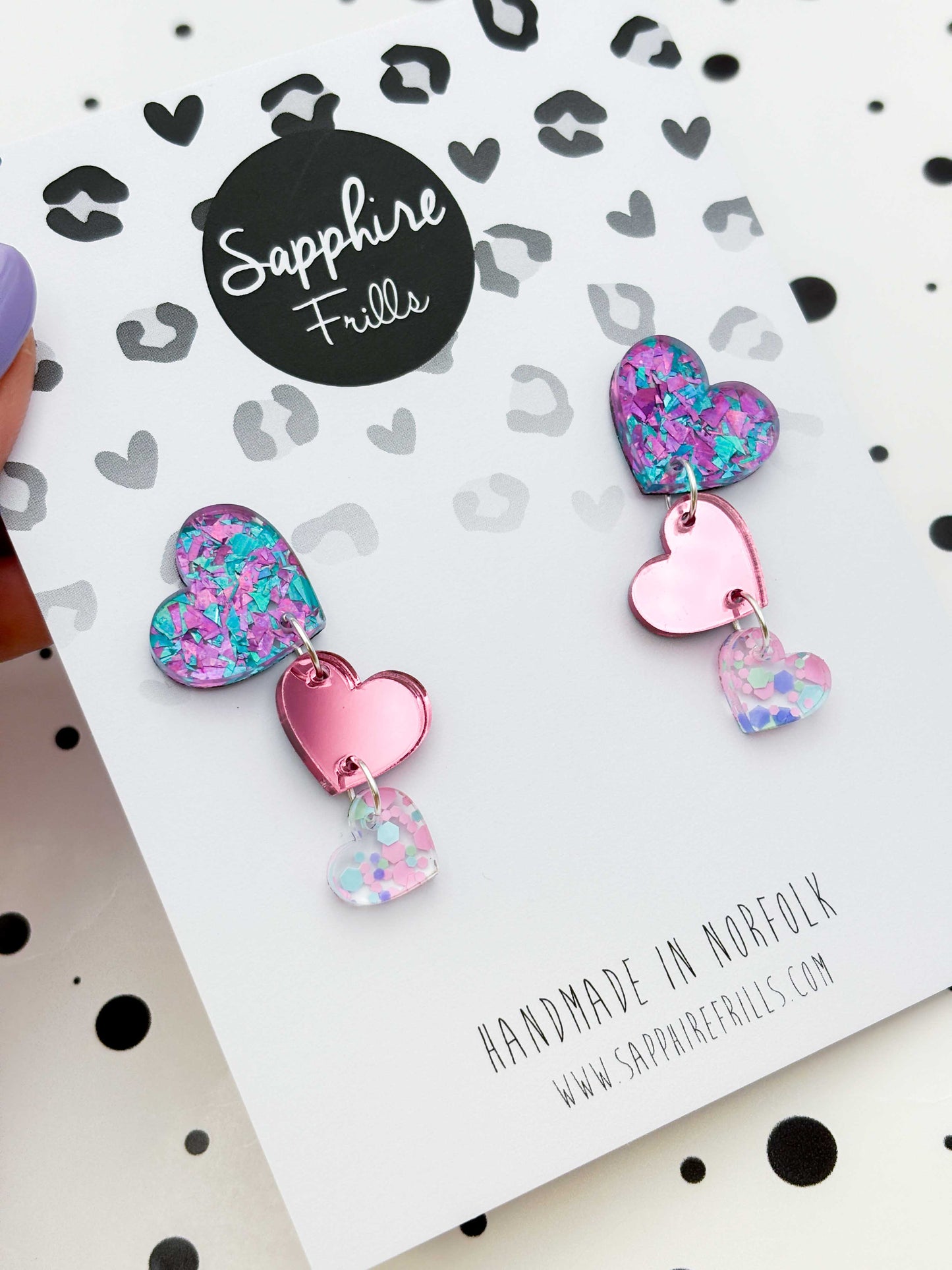 Lilac, Pink and Mint Trio Heart Dangle Earrings