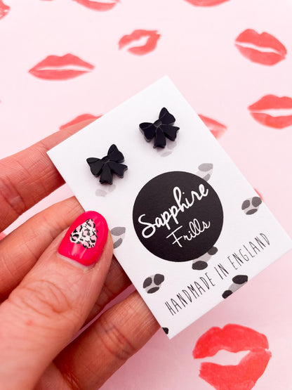 Mini Black Gloss Acrylic Bow Stud Earrings – Hypoallergenic Stainless Steel