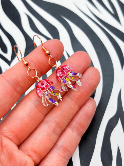 Small Hot Pink Marble and Confetti Jellyfish Acrylic Dangle Earrings or Necklace – Hypoallergenic Stainless Steel