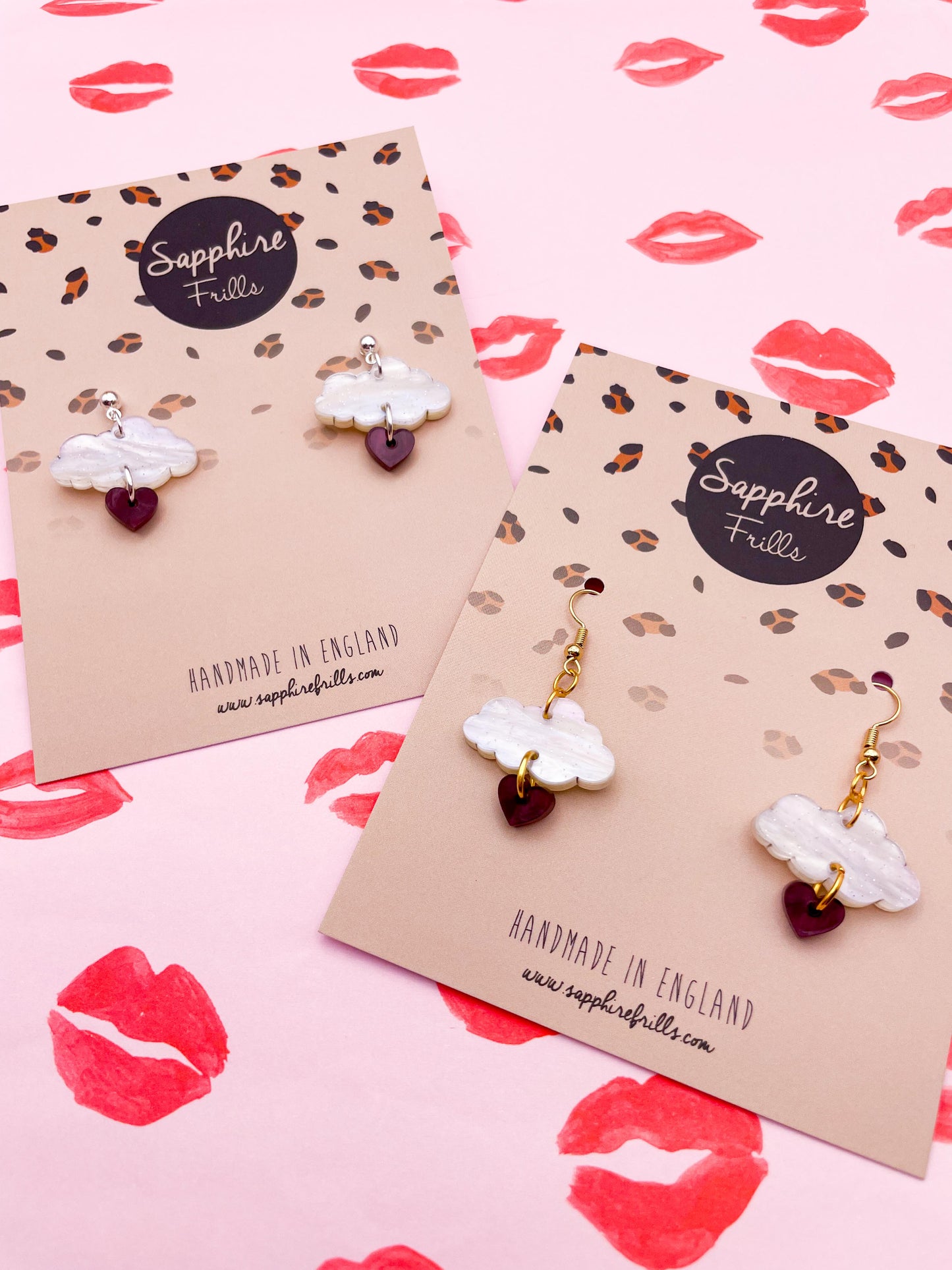 White Glitter and Wine Marble Love Storm Small Cloud & Heart Dangle Earrings