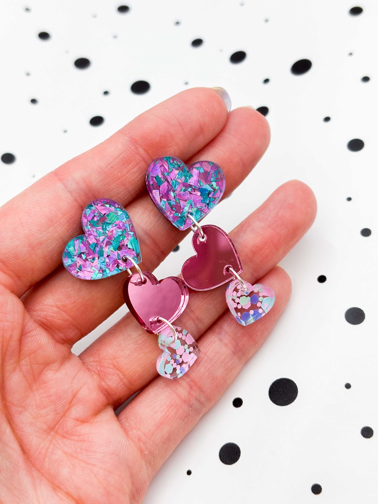 Lilac, Pink and Mint Trio Heart Dangle Earrings