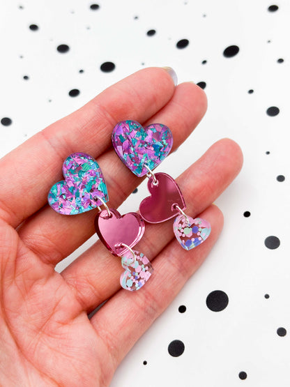 Lilac, Pink and Mint Trio Heart Dangle Earrings – Hypoallergenic Stainless Steel