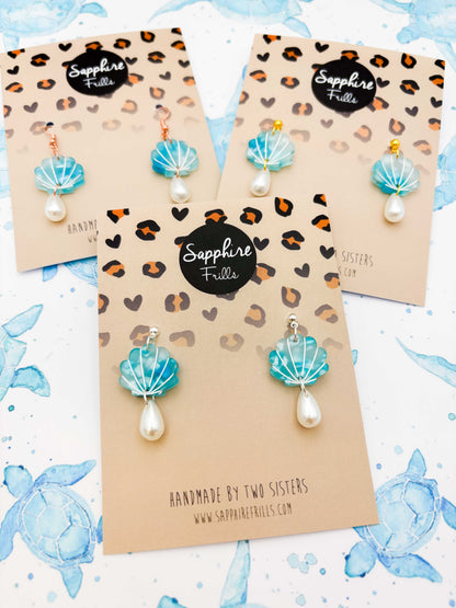 Medium Terrazzo Melt Blue Shell With Pearl Teardrop Dangle Earrings or Necklace – Hypoallergenic Stainless Steel