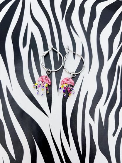 Small Hot Pink Marble and Confetti Jellyfish Acrylic Dangle Earrings or Necklace – Hypoallergenic Stainless Steel
