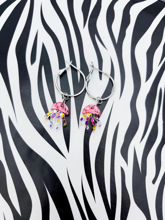 Small Hot Pink Marble and Confetti Jellyfish Acrylic Dangle Earrings or Necklace – Hypoallergenic Stainless Steel