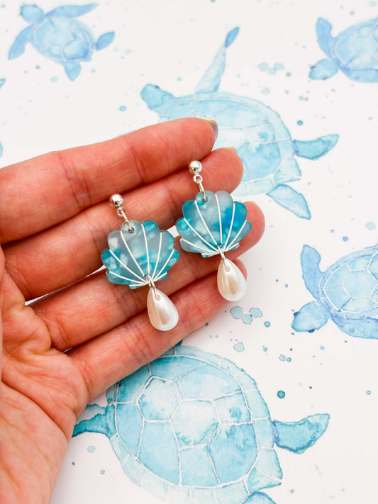 Medium Terrazzo Melt Blue Shell With Pearl Teardrop Dangle Earrings or Necklace – Hypoallergenic Stainless Steel